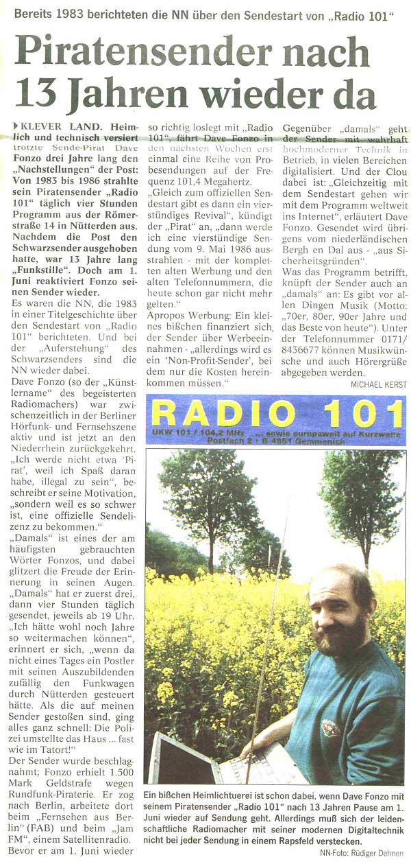 Titelseite Niederrhein-Nachrichten vom 15.Mai 1999 (170kbyte)